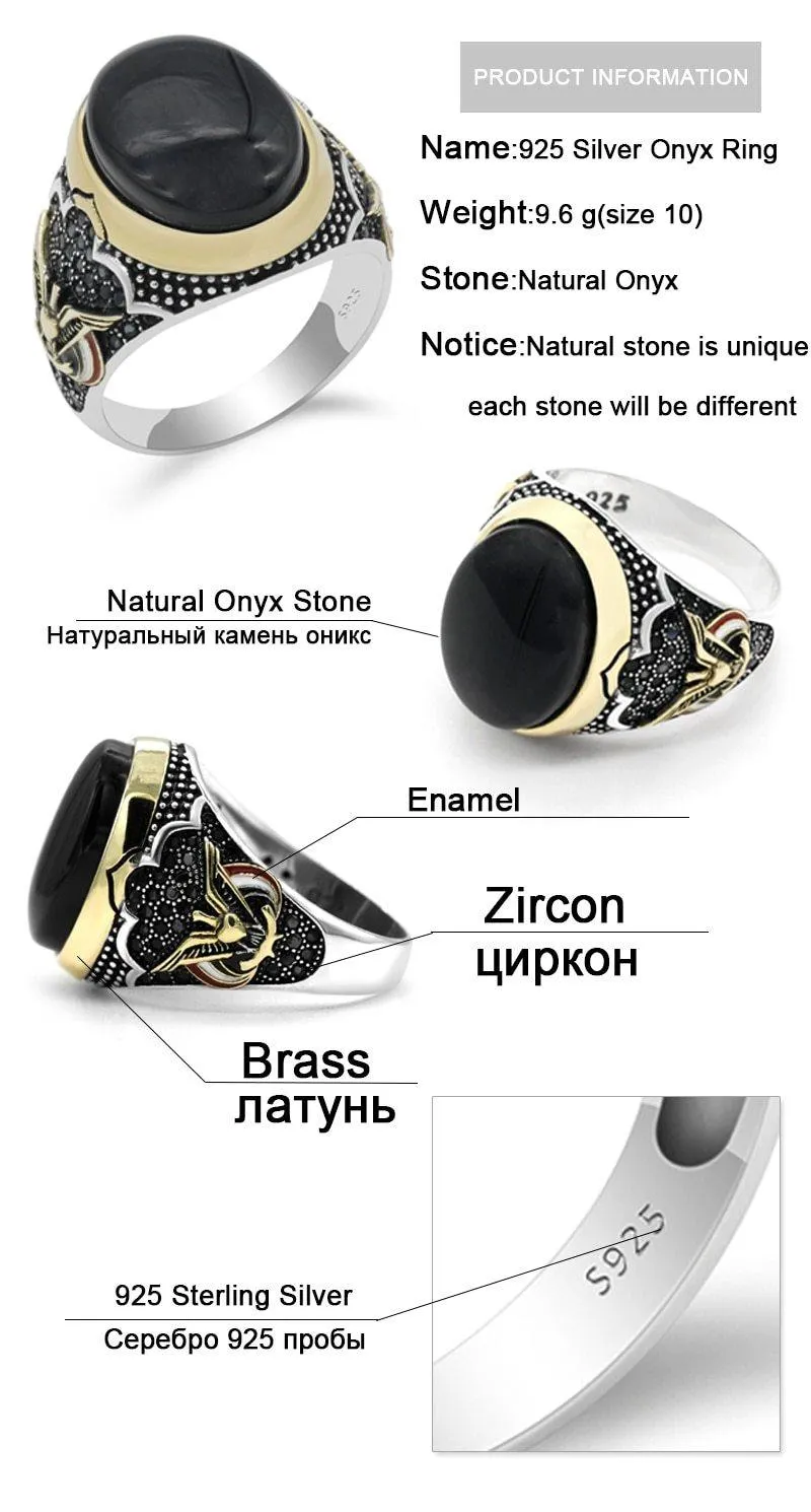 Peace Symbol Oval Black Natural Onyx Stone Ring