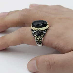 Peace Symbol Oval Black Natural Onyx Stone Ring