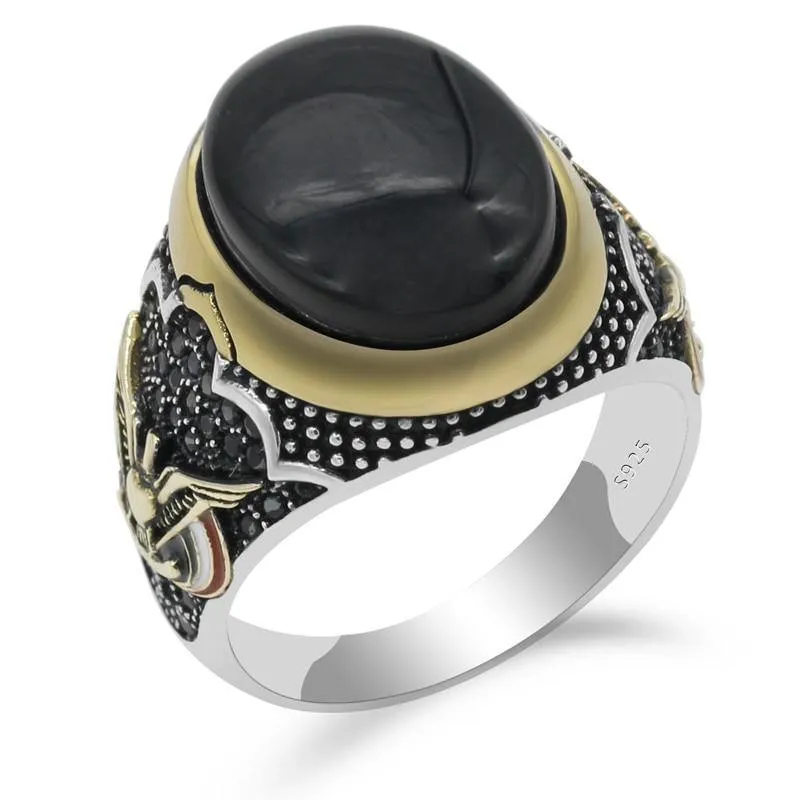 Peace Symbol Oval Black Natural Onyx Stone Ring