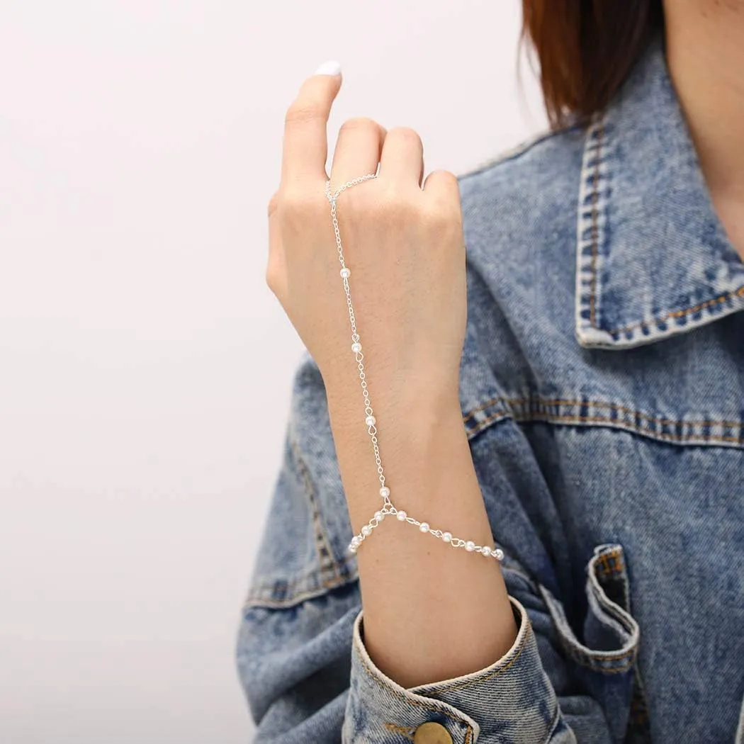Pearl Hand Chain Bracelet Simple Finger Ring Bracelets Slave Link Chain Bracelet for Women