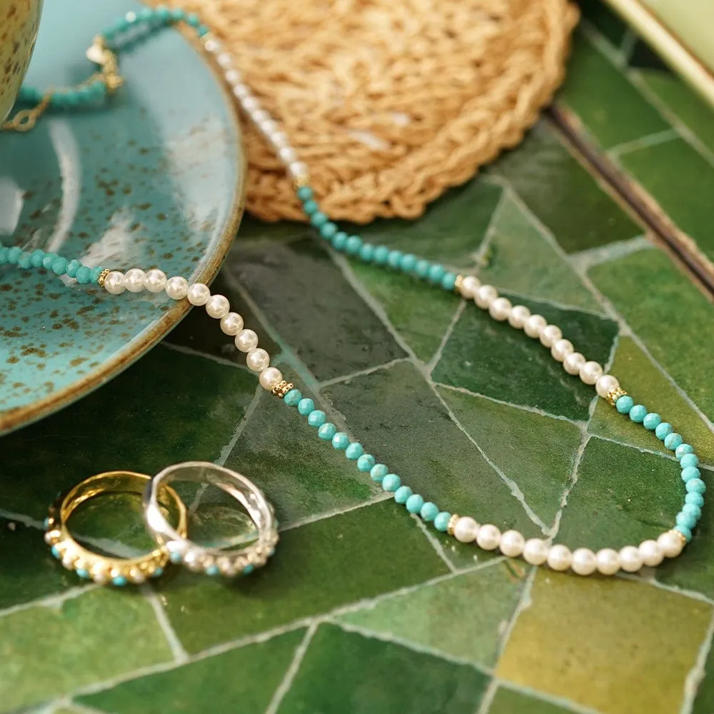 Pearl Turquoise Beaded Necklace 18ct Gold Plate