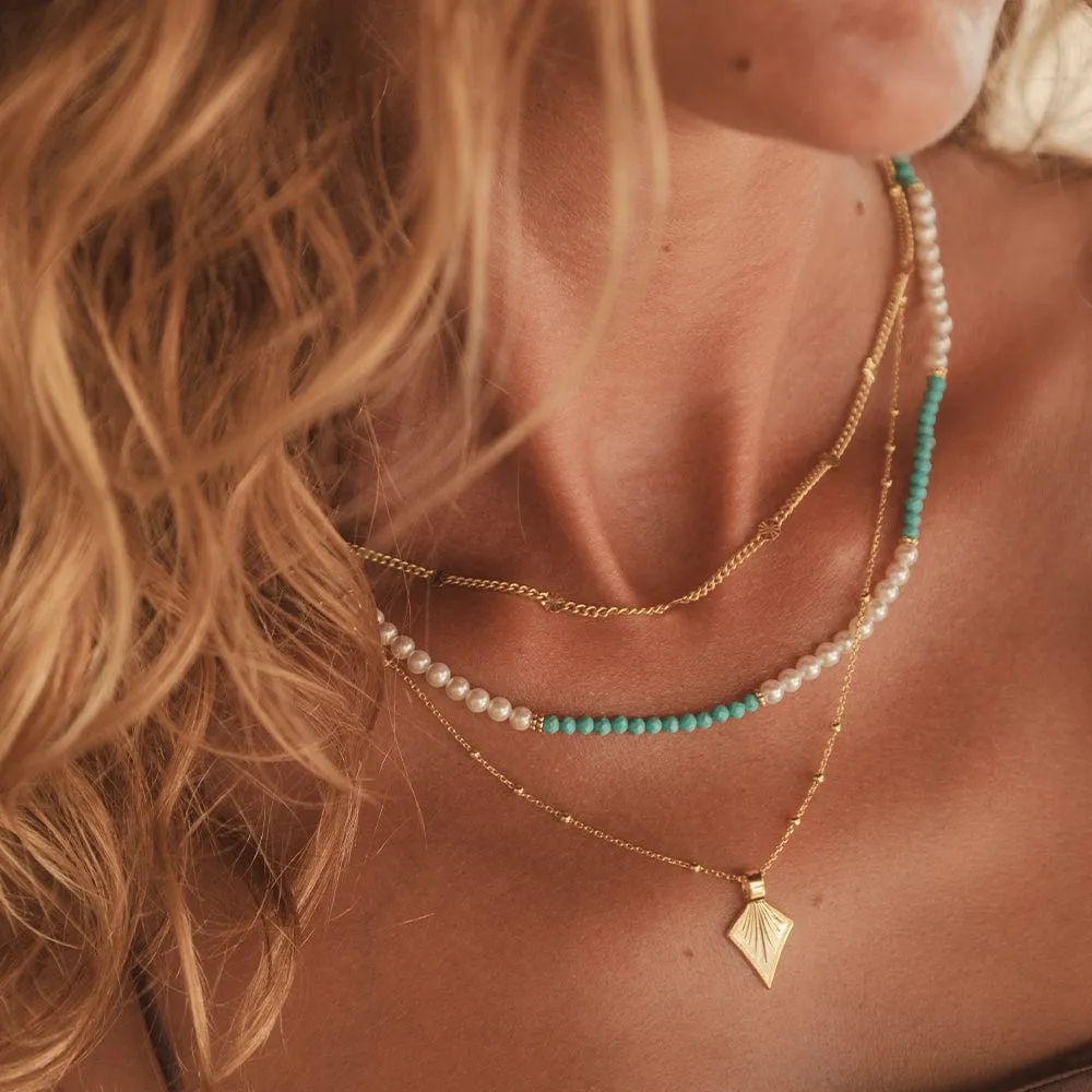 Pearl Turquoise Beaded Necklace 18ct Gold Plate