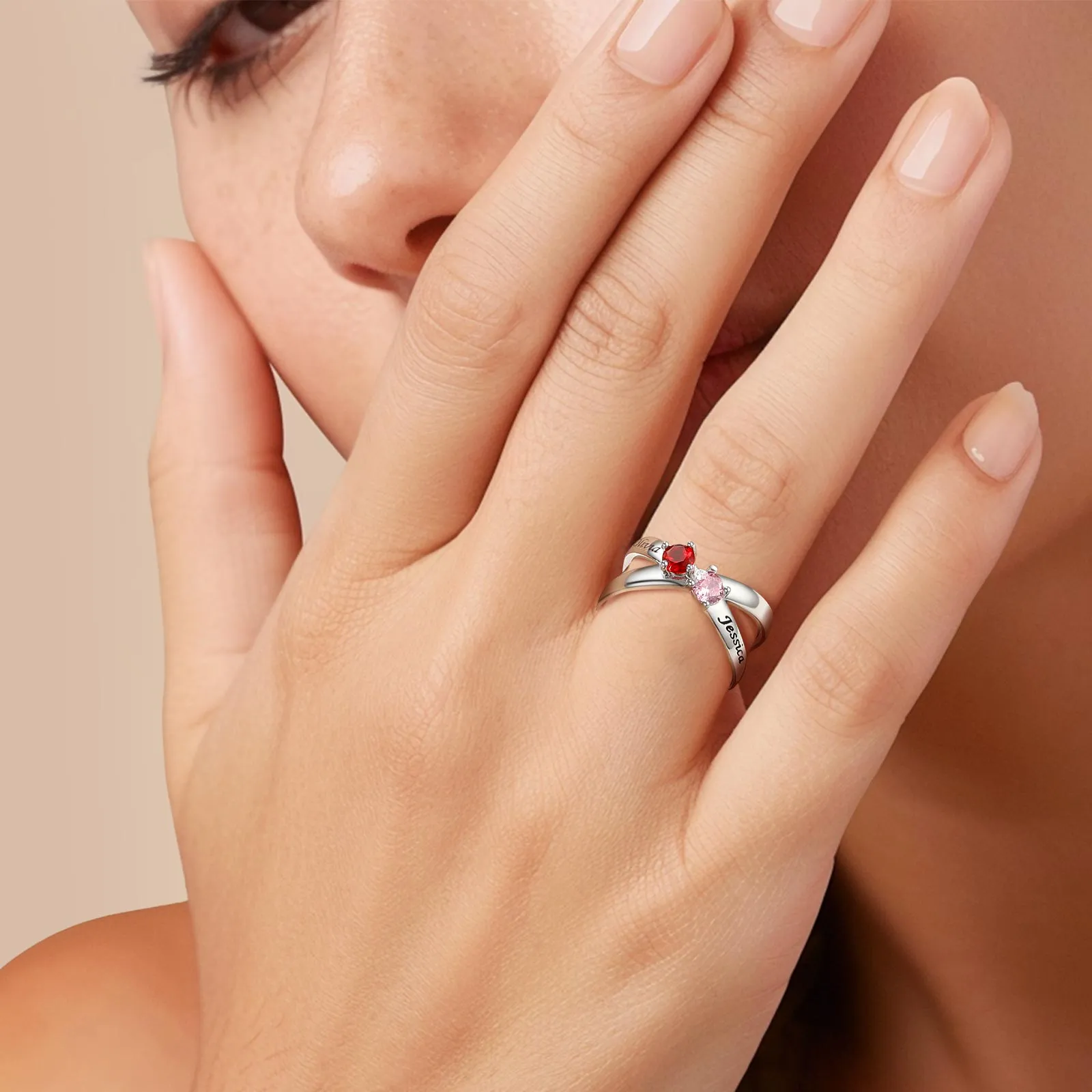 Personalized Criss Cross Birthstone Ring in 925 Sterling Silver