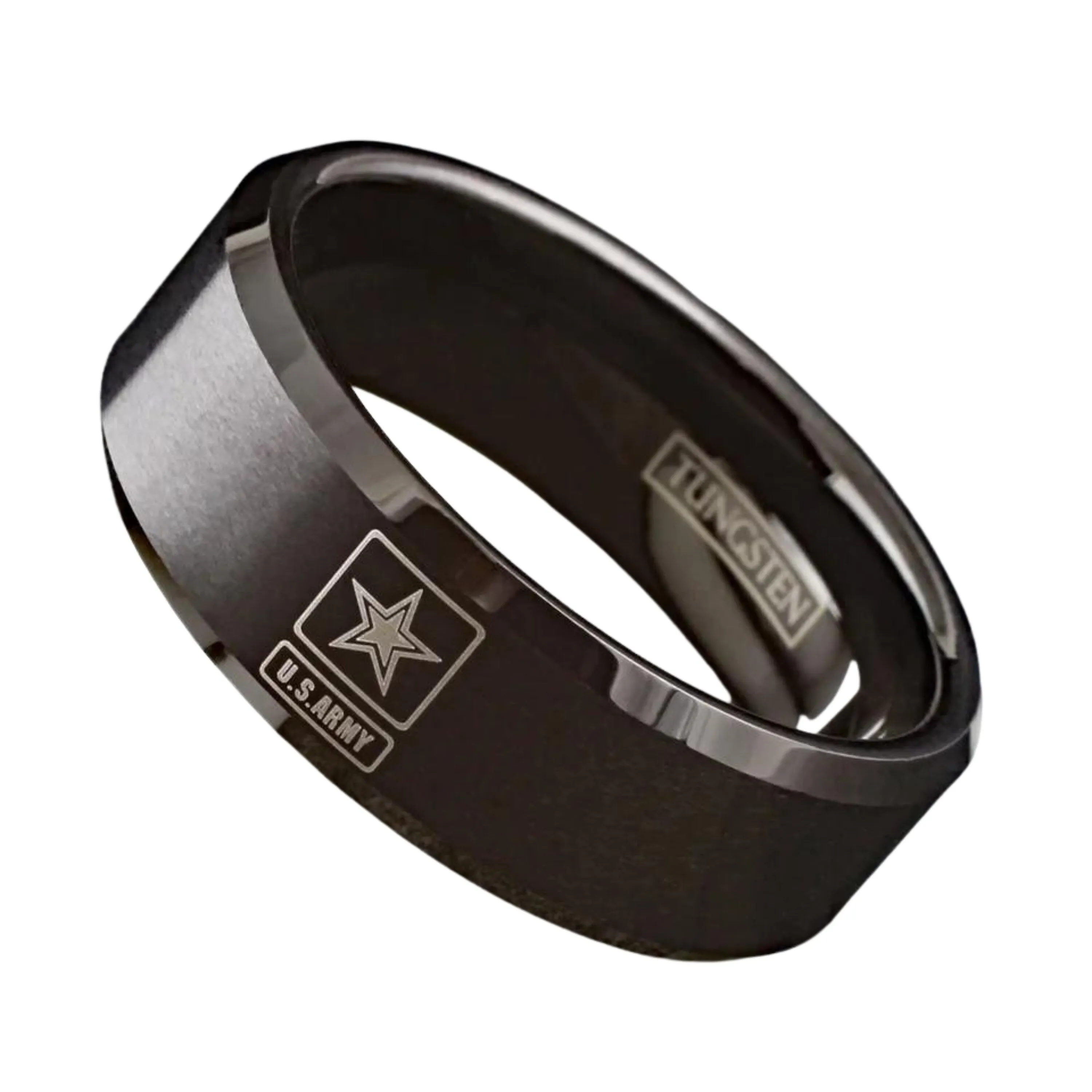 Personalized Patriotic United States U.S. Army Military Wedding Band |  Black Tungsten Carbide Men's Ring | 8mm Width Ring Band