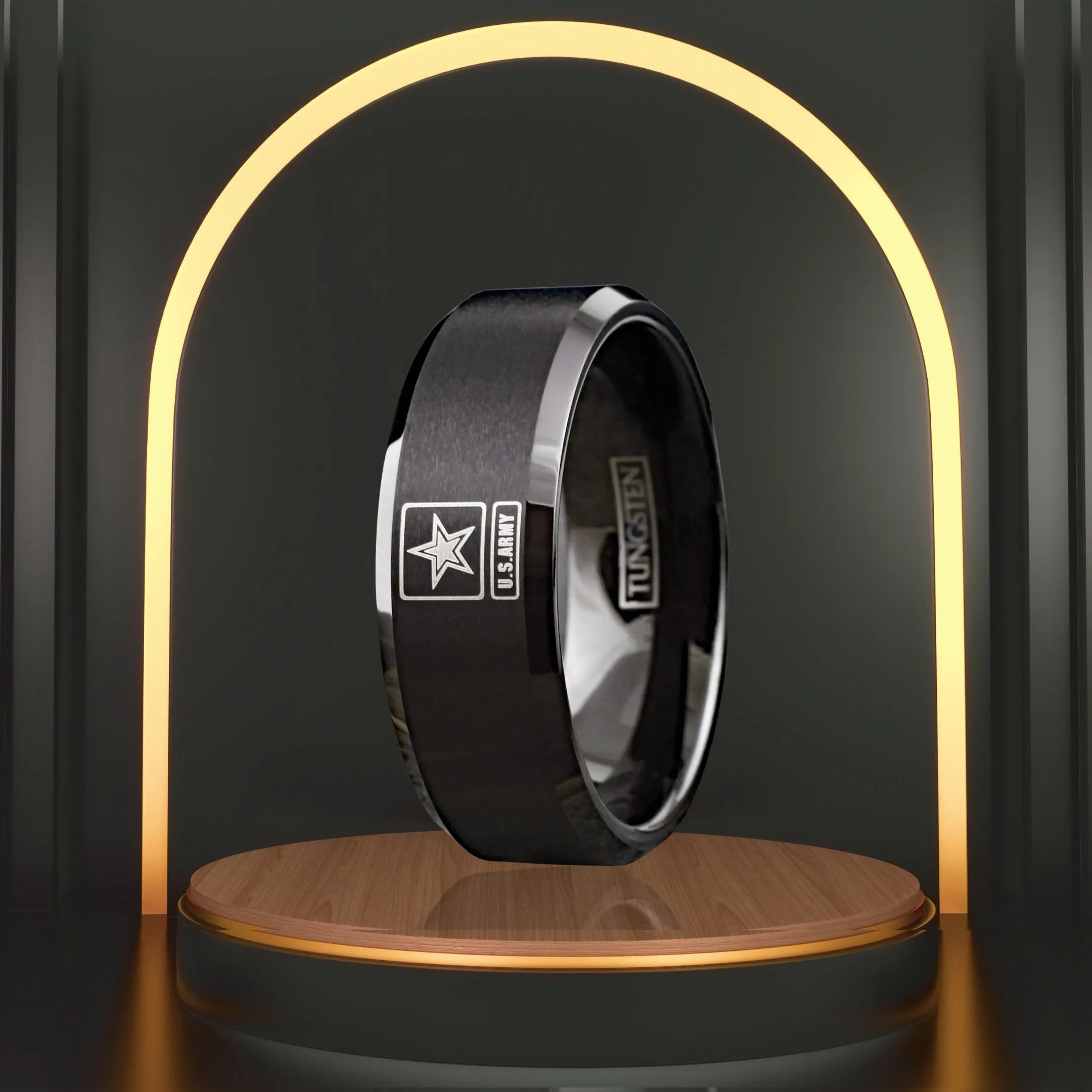 Personalized Patriotic United States U.S. Army Military Wedding Band |  Black Tungsten Carbide Men's Ring | 8mm Width Ring Band