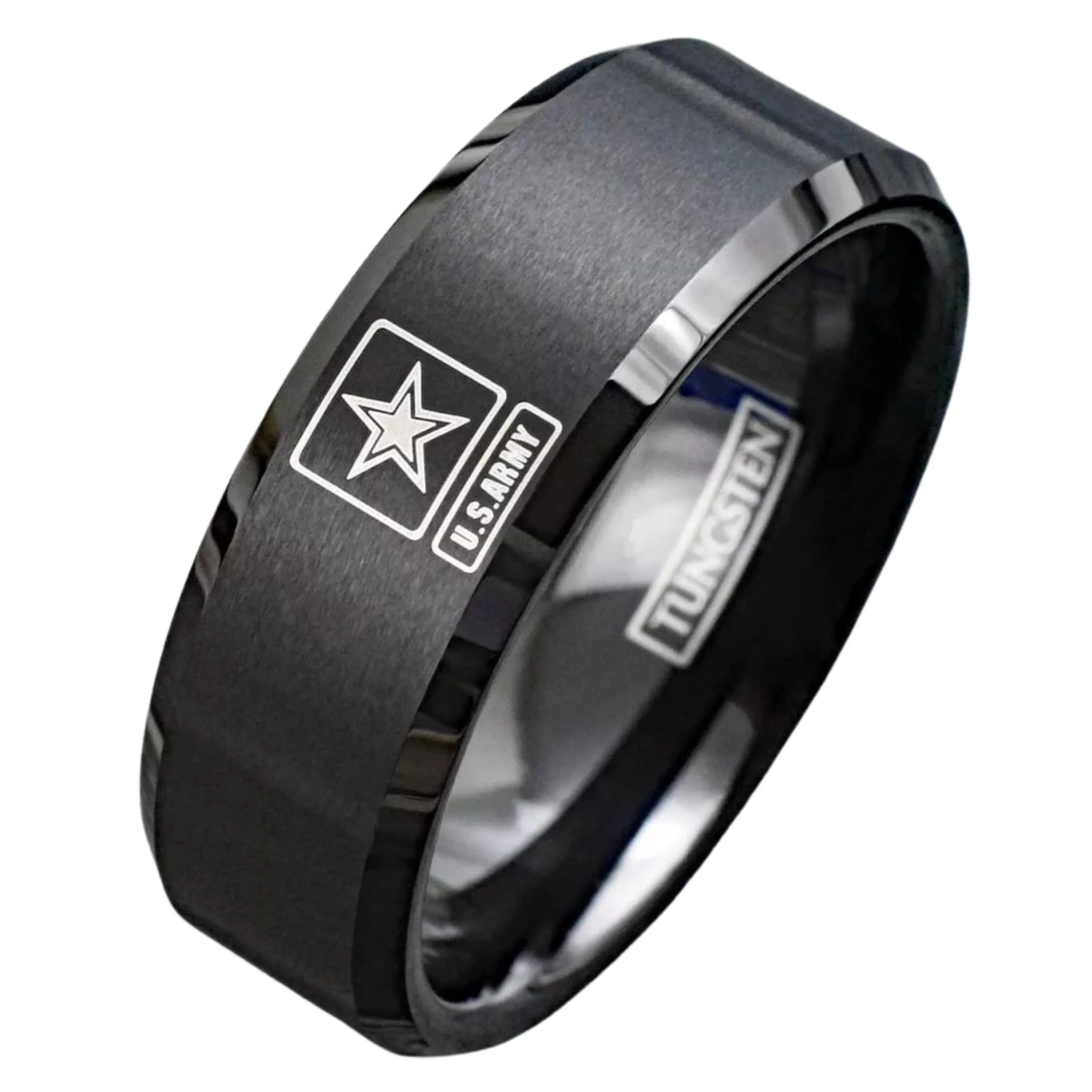 Personalized Patriotic United States U.S. Army Military Wedding Band |  Black Tungsten Carbide Men's Ring | 8mm Width Ring Band