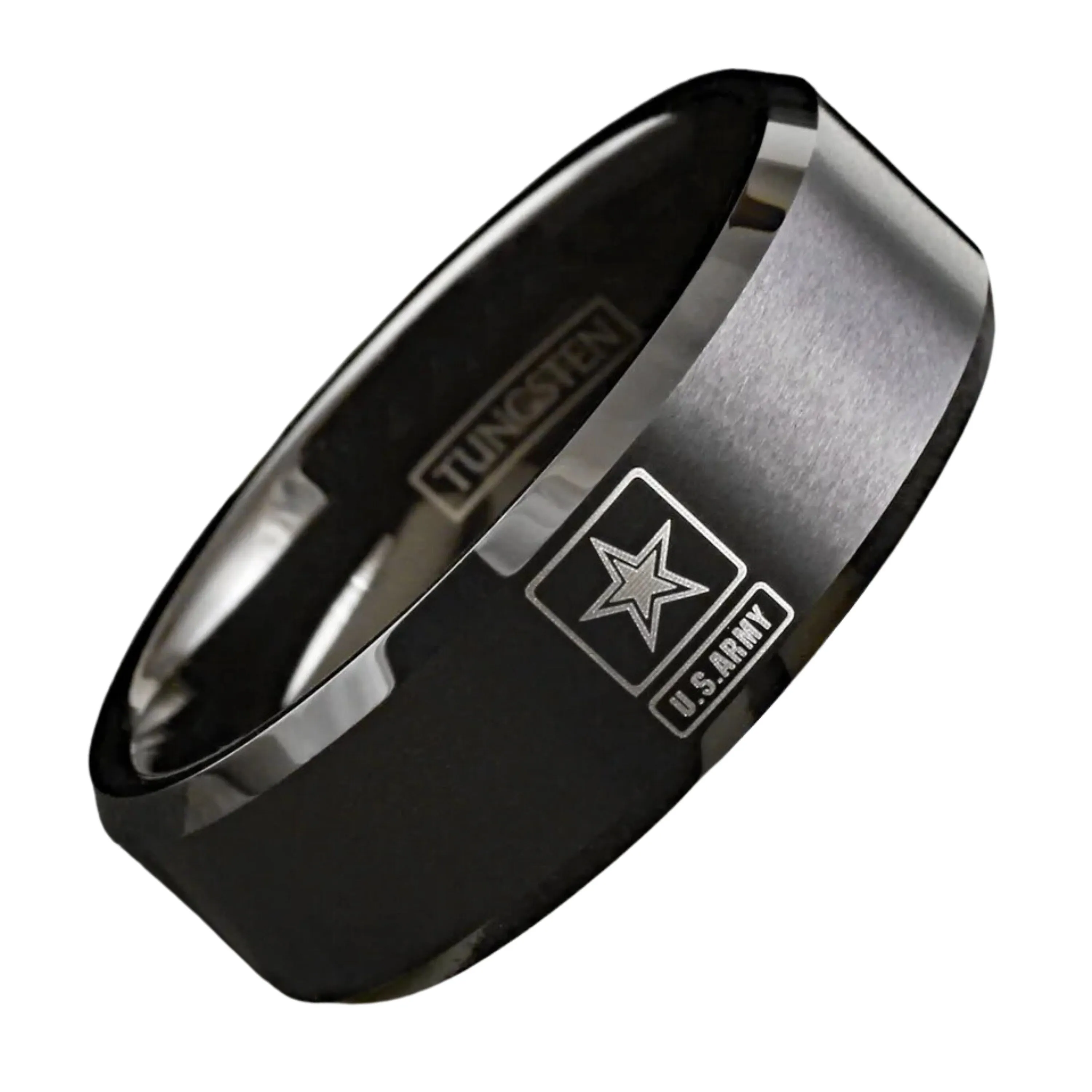 Personalized Patriotic United States U.S. Army Military Wedding Band |  Black Tungsten Carbide Men's Ring | 8mm Width Ring Band