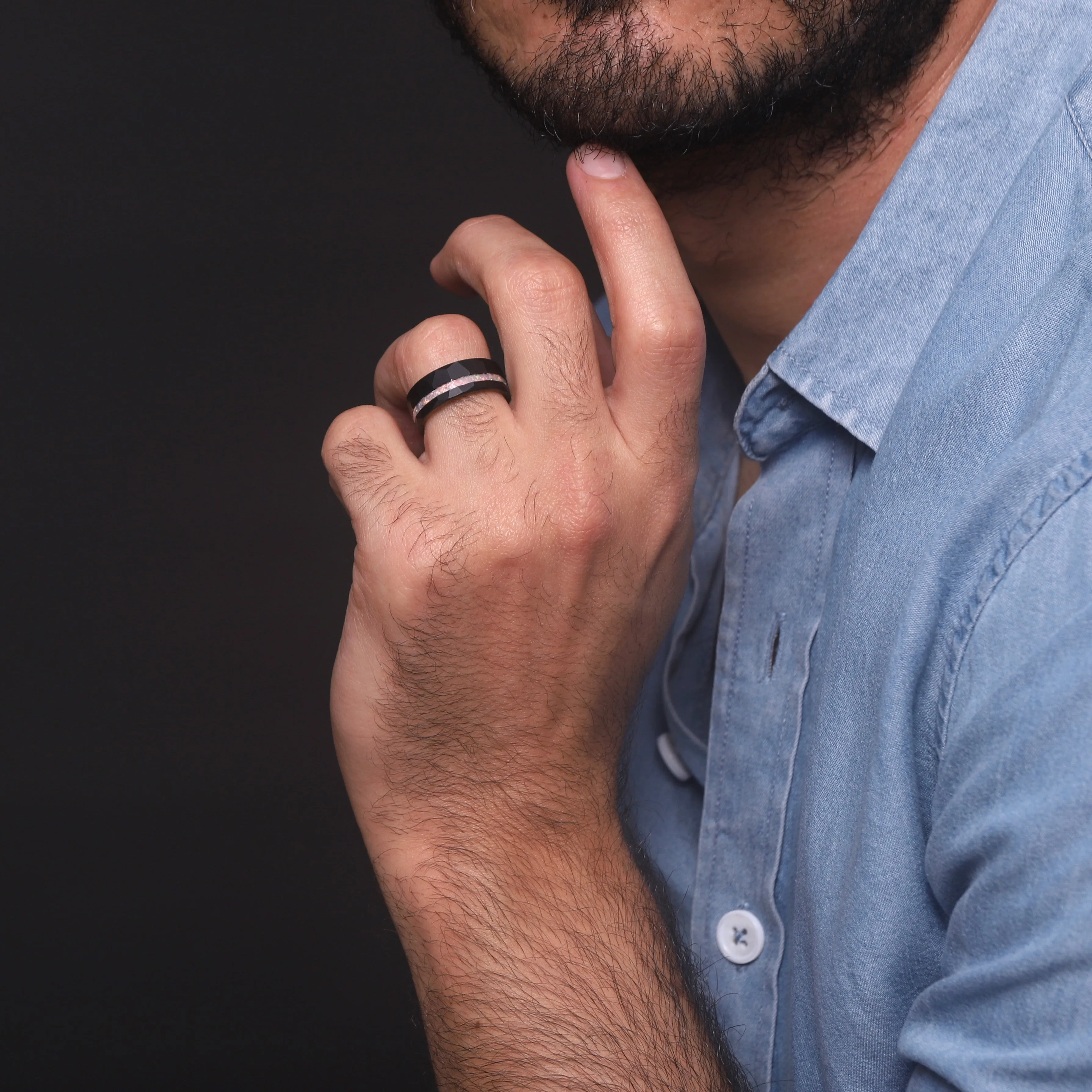 Personalized Ring for men with white Opal - 8mm