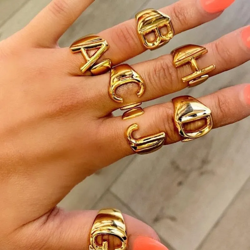 Personalized Thick and Hollow A-Z Initial Letter Adjustable Rings
