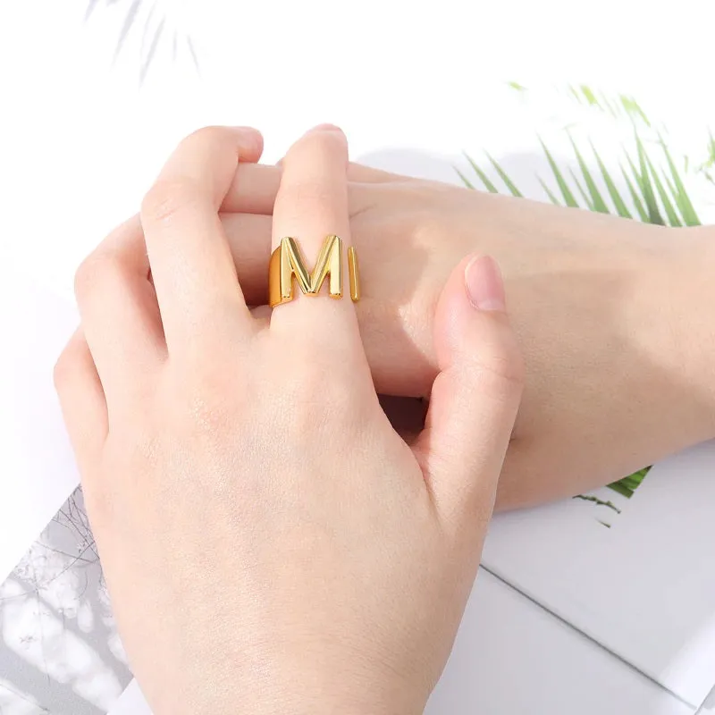 Personalized Thick and Hollow A-Z Initial Letter Adjustable Rings
