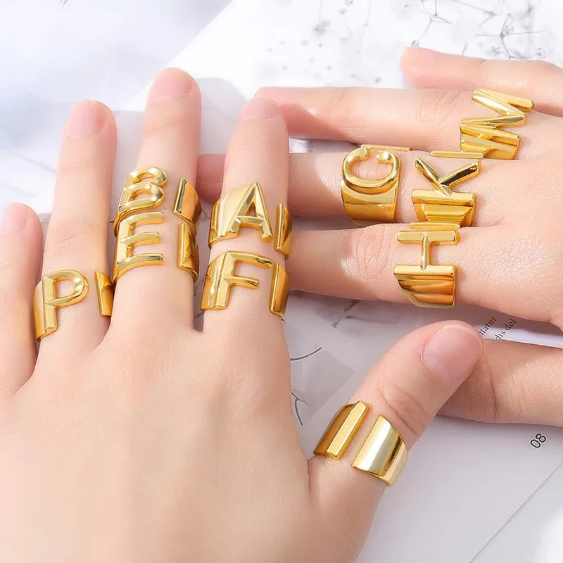 Personalized Thick and Hollow A-Z Initial Letter Adjustable Rings