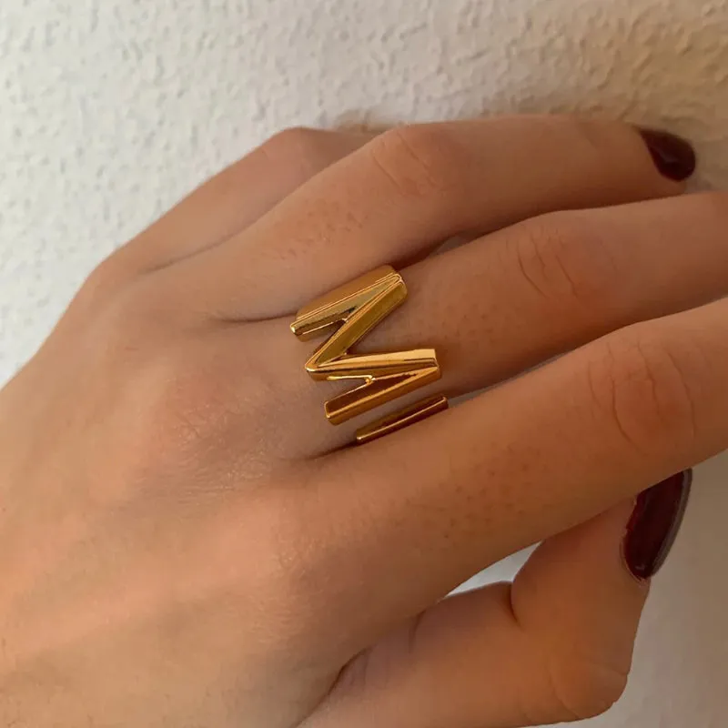 Personalized Thick and Hollow A-Z Initial Letter Adjustable Rings