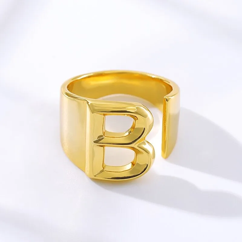 Personalized Thick and Hollow A-Z Initial Letter Adjustable Rings