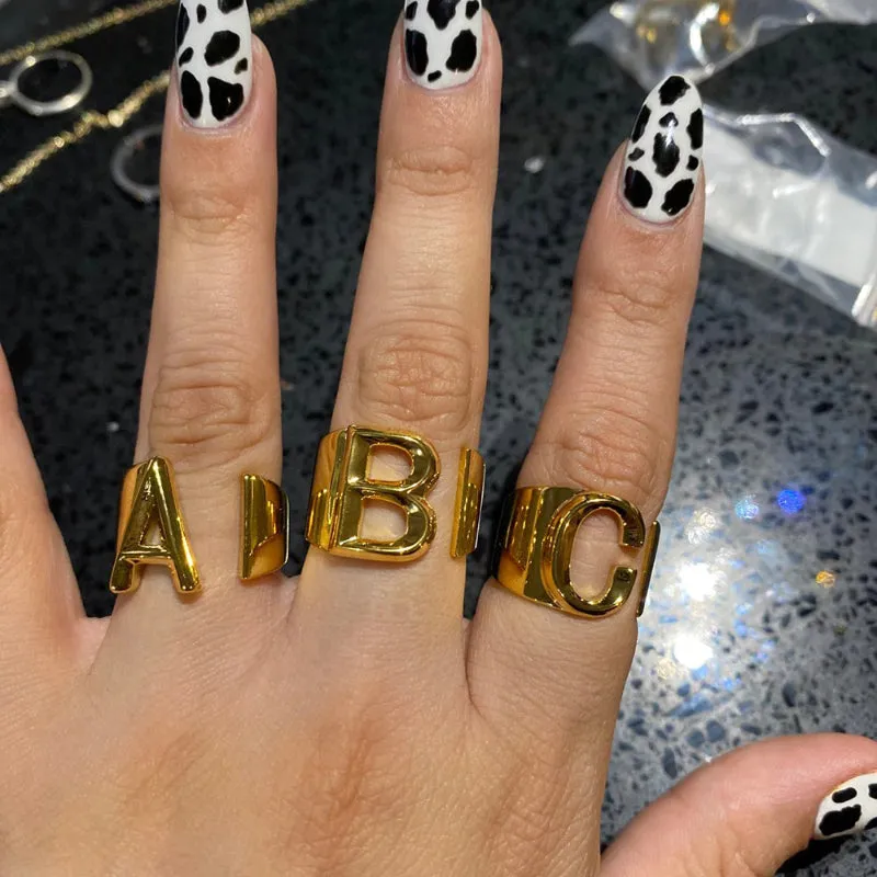 Personalized Thick and Hollow A-Z Initial Letter Adjustable Rings