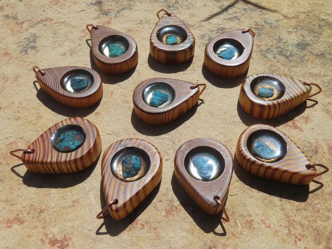 Polished Unique Zebra Wood Hand Made Pendants with Shattuckite - Sold per piece From South Africa