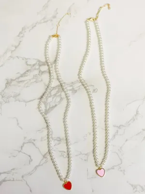 PREORDER: Pearl Bead Heart Charm Necklaces in Two Colors