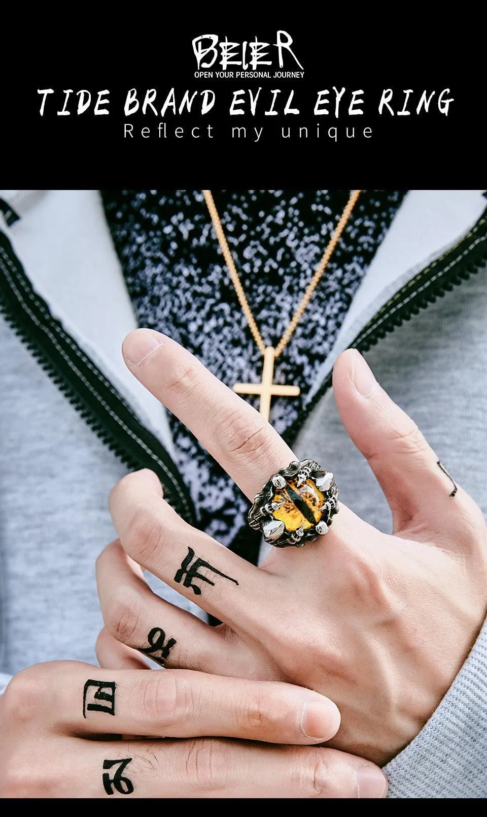 Punk Rock Claw Zircon Stone Evil Eyeball Skull Ring