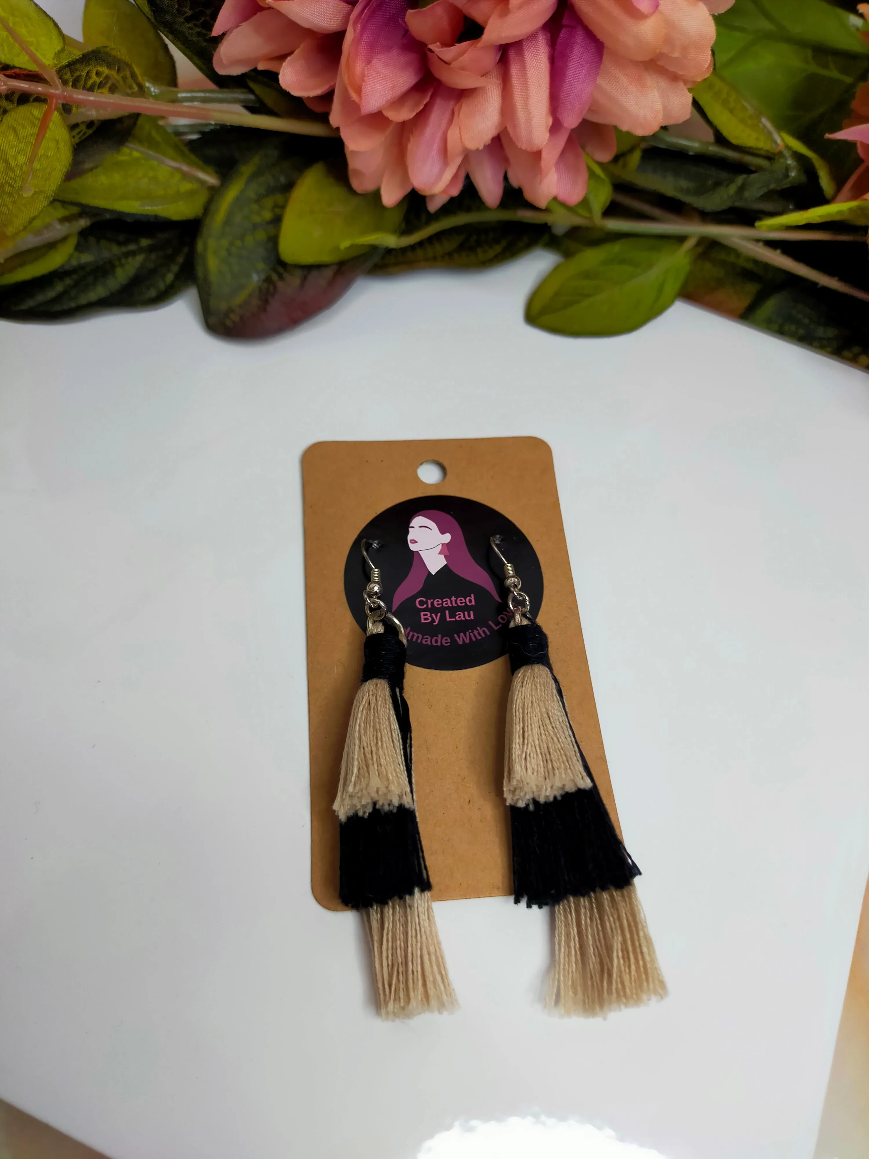 "Sophia" Beige & Black 2 Colour 3 Tiered Tassel Earrings Silver Plated