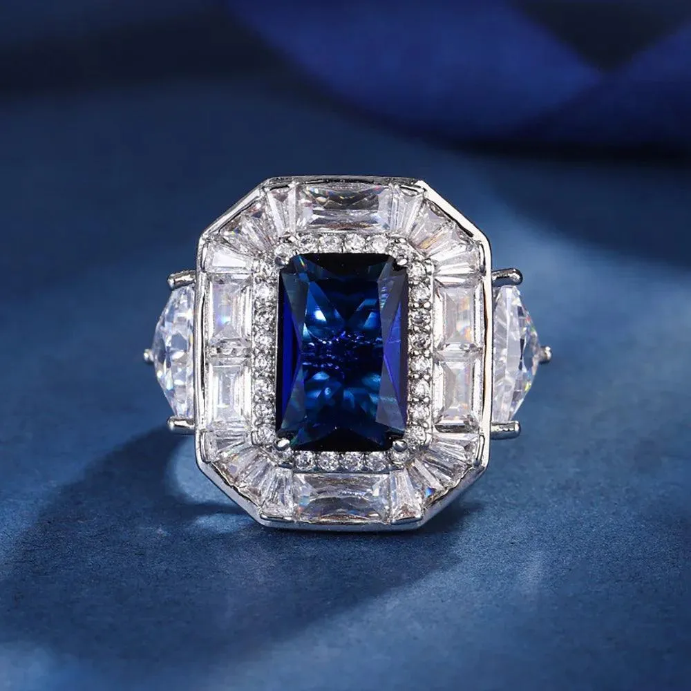 Radiant Trendy Lab Sapphire Emerald Aquamarine Big Gemstone Rings for Women - Cocktail Party Fine Jewellery