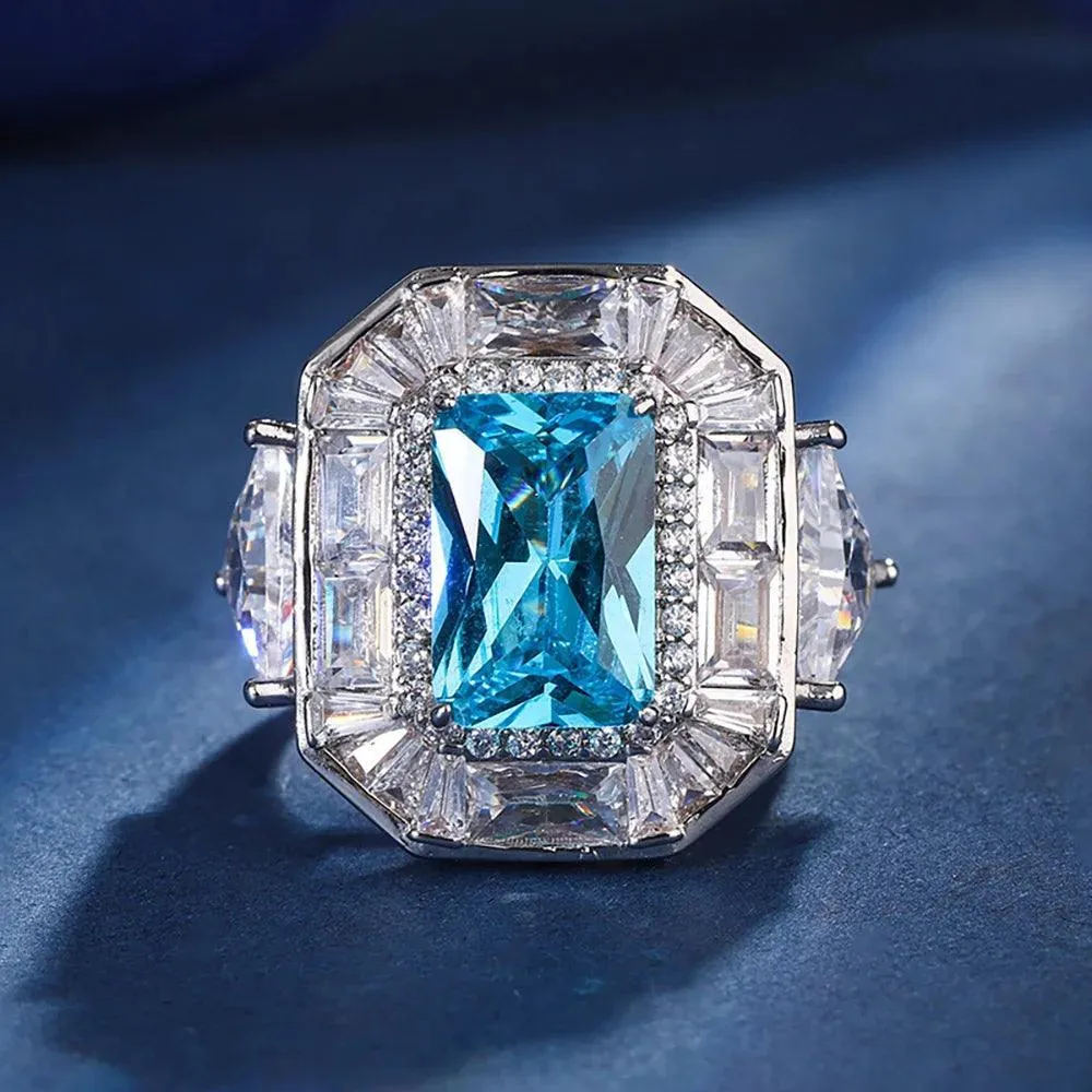Radiant Trendy Lab Sapphire Emerald Aquamarine Big Gemstone Rings for Women - Cocktail Party Fine Jewellery
