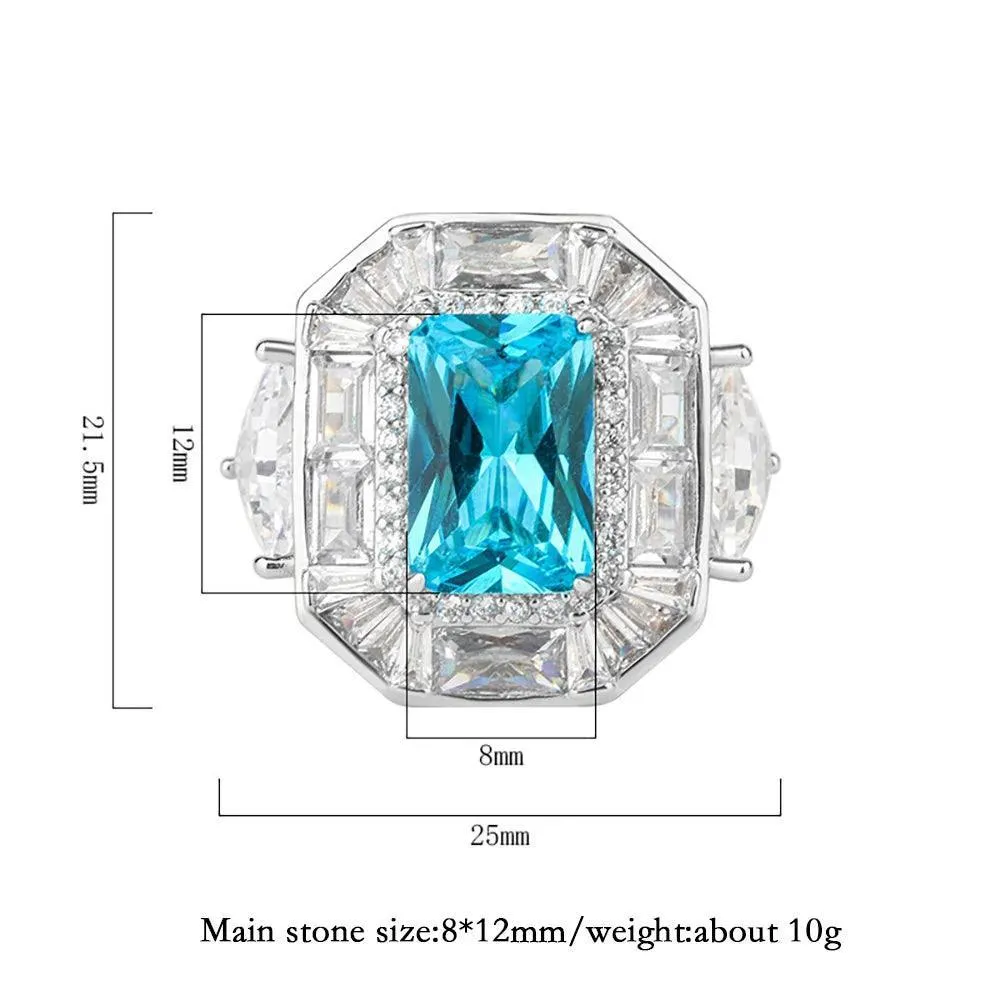 Radiant Trendy Lab Sapphire Emerald Aquamarine Big Gemstone Rings for Women - Cocktail Party Fine Jewellery