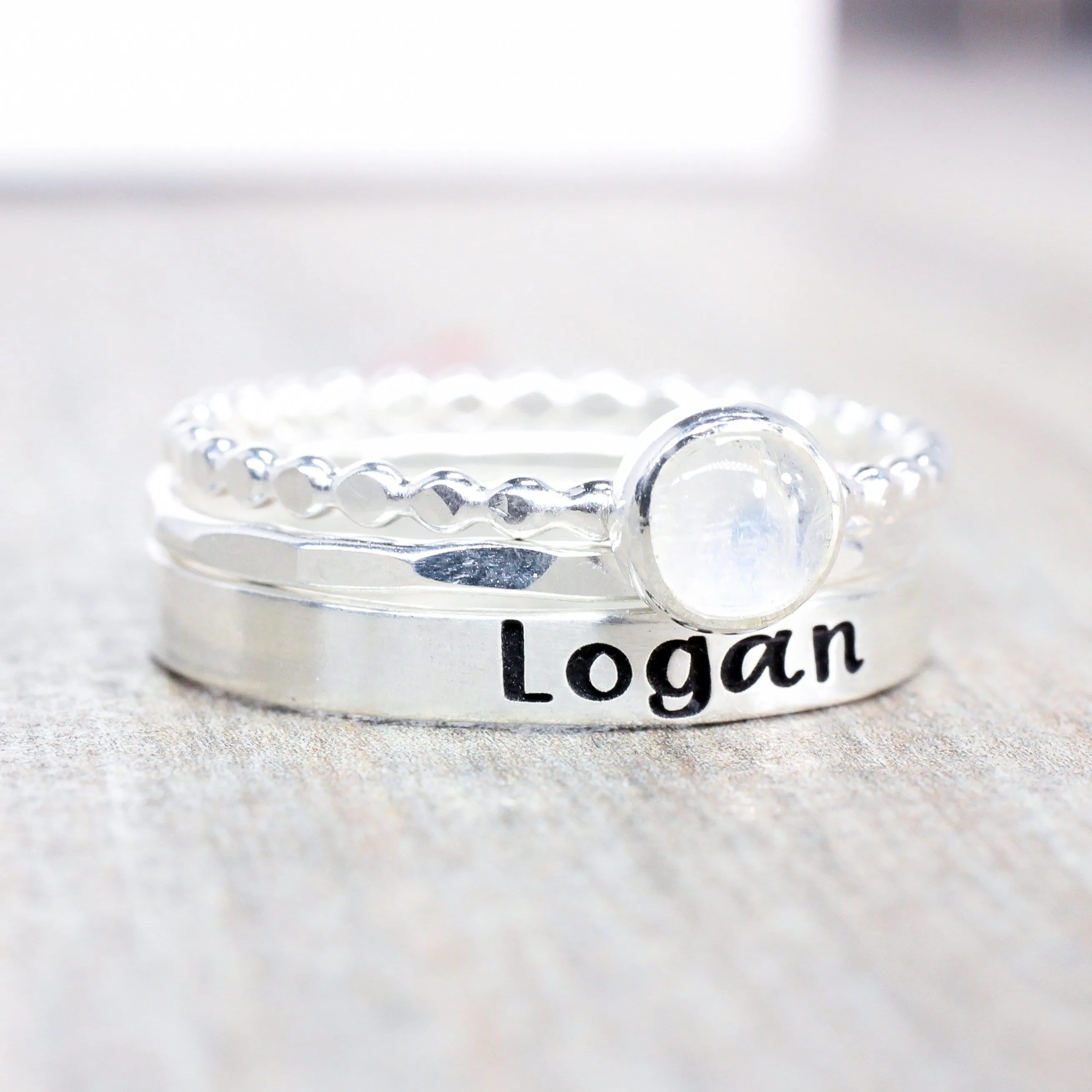 Rainbow Moonstone Ring Set -  Sterling Silver Gemstone Ring Set - Set of 3 Birthstone and Name Ring - Engraved Ring with 5mm Gemstone