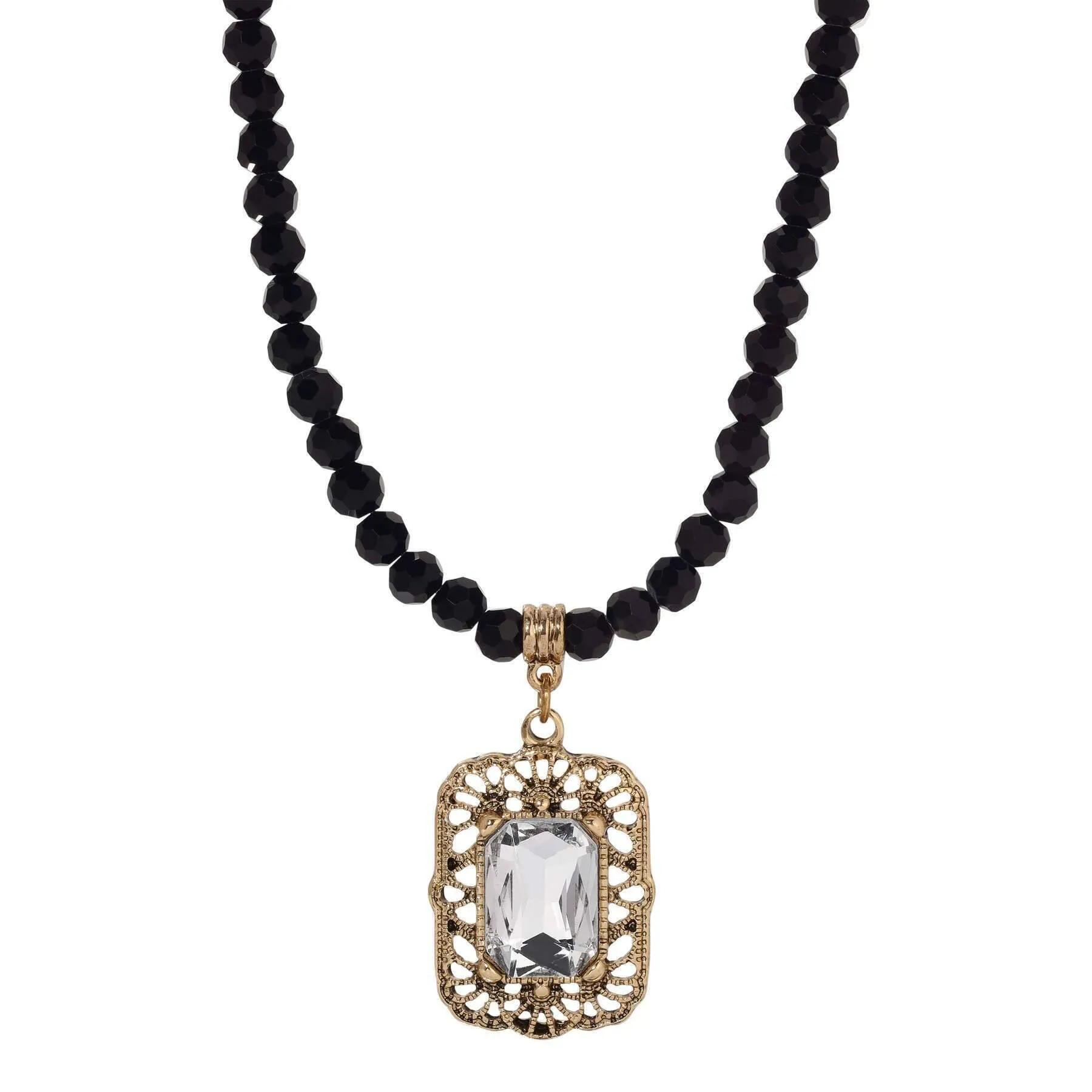 Regency Bront‘ Filigree Octagon Crystal Pendant Glass Bead Strand Necklace 15"   3" Extender