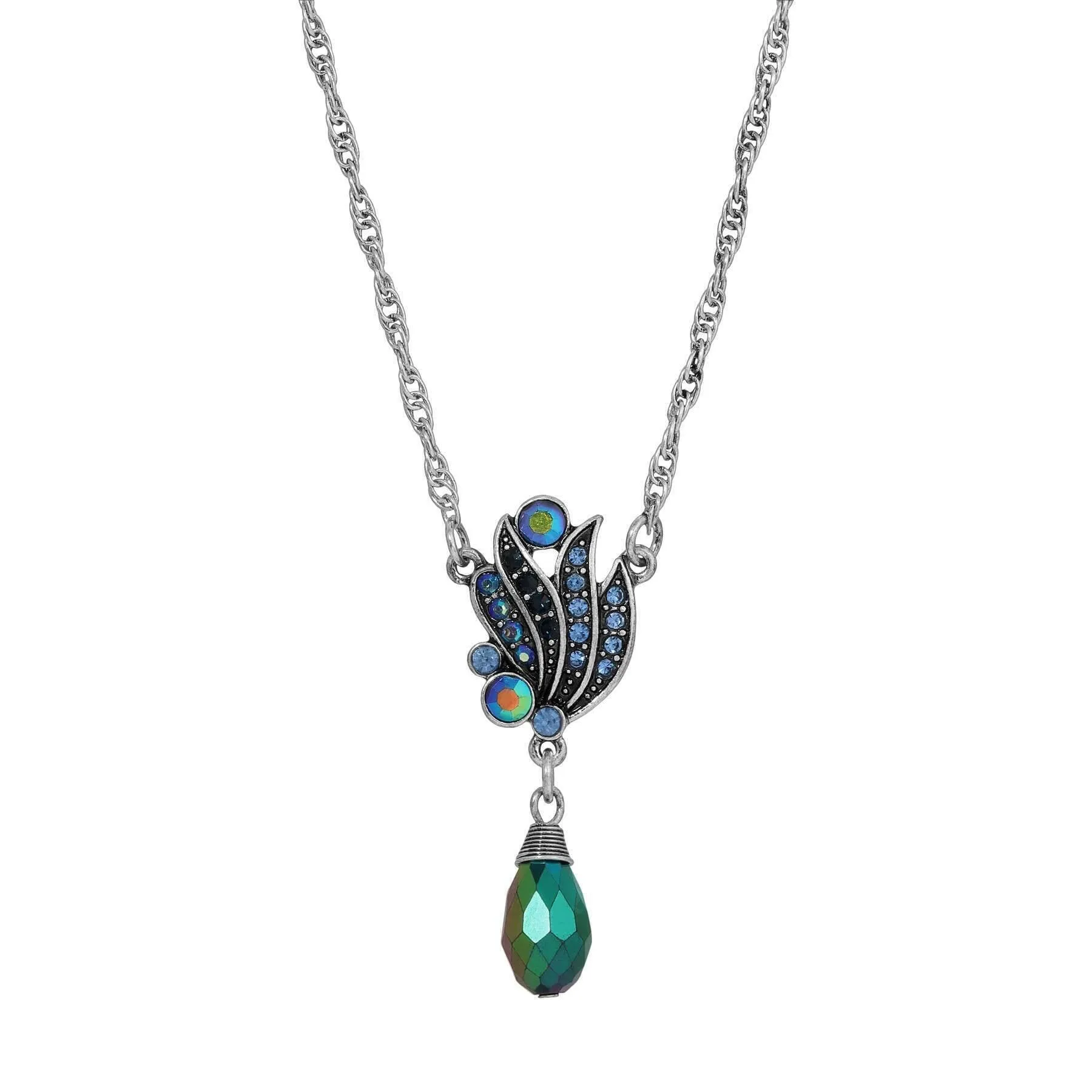 Regency Giovane Iridescent AB Crystal & Blue Stone Drop Necklace 16"   3" Extender