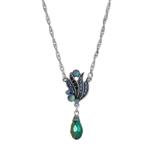Regency Giovane Iridescent AB Crystal & Blue Stone Drop Necklace 16"   3" Extender