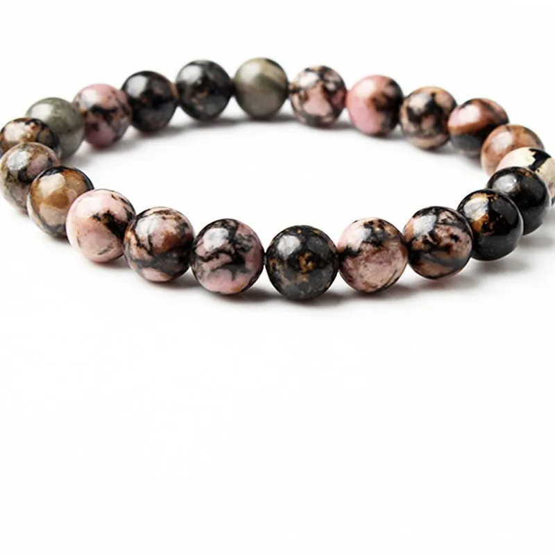Rhodonite Beaded Bracelet Black Thread Rhodochrosite