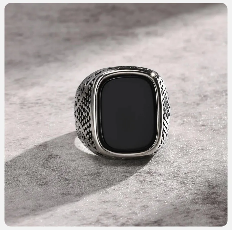 Rock Punk Onyx Stone Rings for Men Stylish Solid Stainless Steel