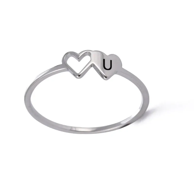 Romantic Double Hearts Personalized A-Z Initial Letter Rings