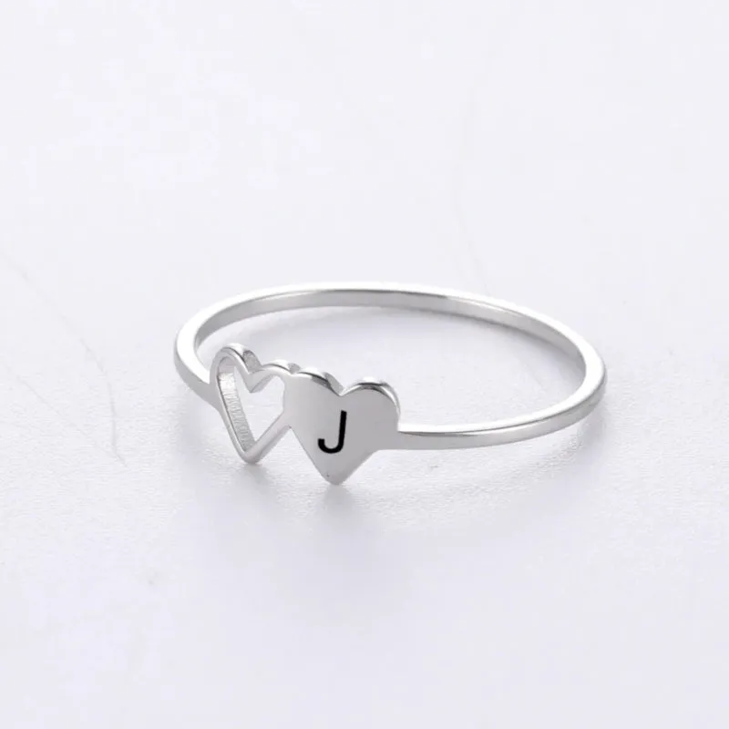 Romantic Double Hearts Personalized A-Z Initial Letter Rings