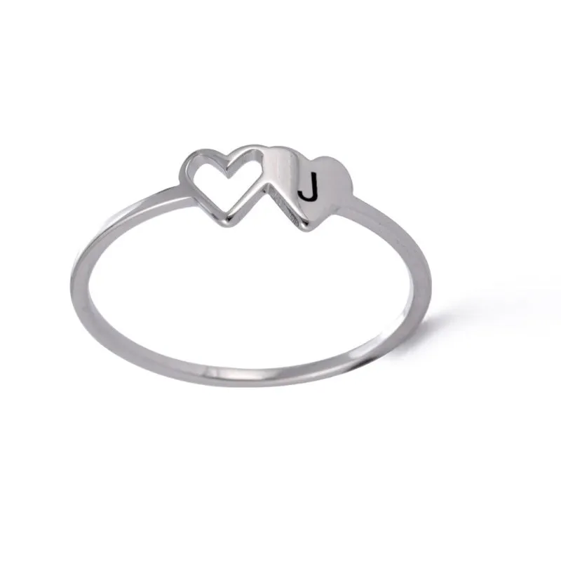Romantic Double Hearts Personalized A-Z Initial Letter Rings