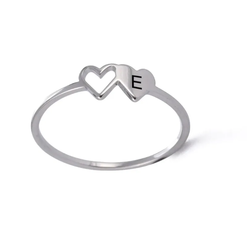 Romantic Double Hearts Personalized A-Z Initial Letter Rings
