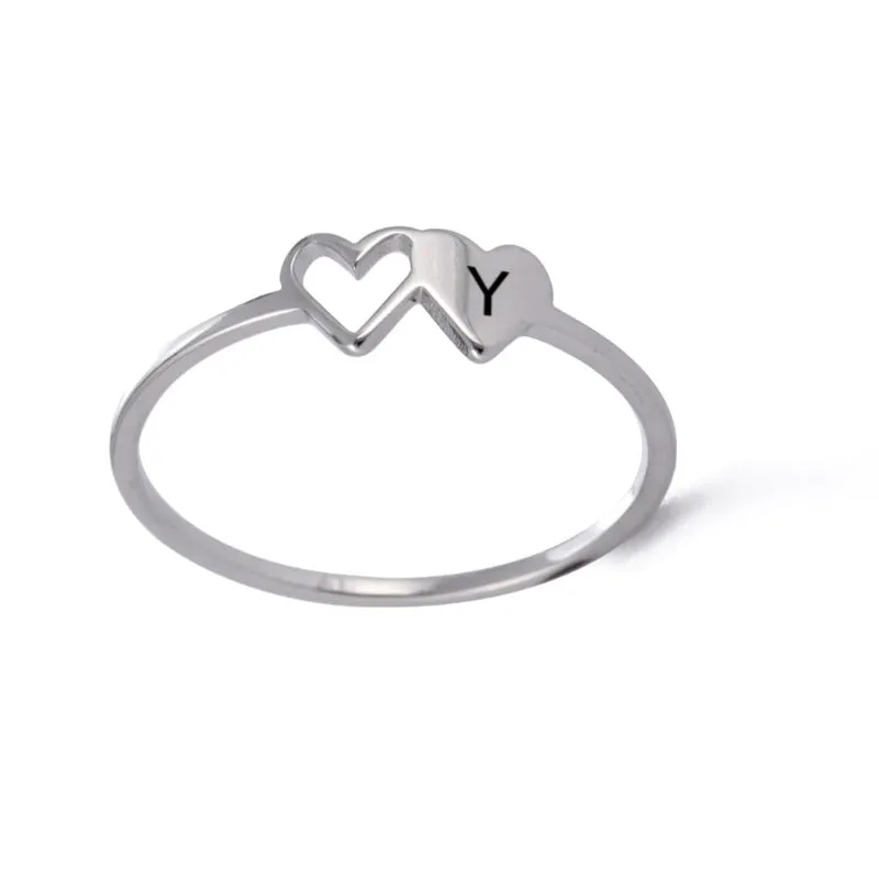 Romantic Double Hearts Personalized A-Z Initial Letter Rings