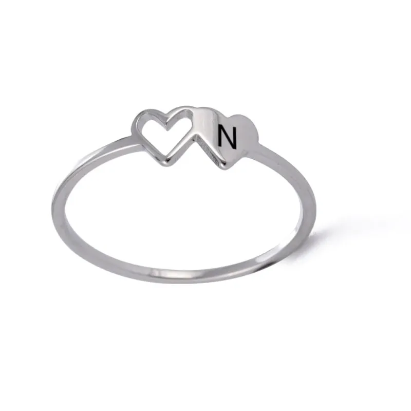 Romantic Double Hearts Personalized A-Z Initial Letter Rings