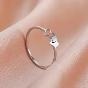 Romantic Double Hearts Personalized A-Z Initial Letter Rings