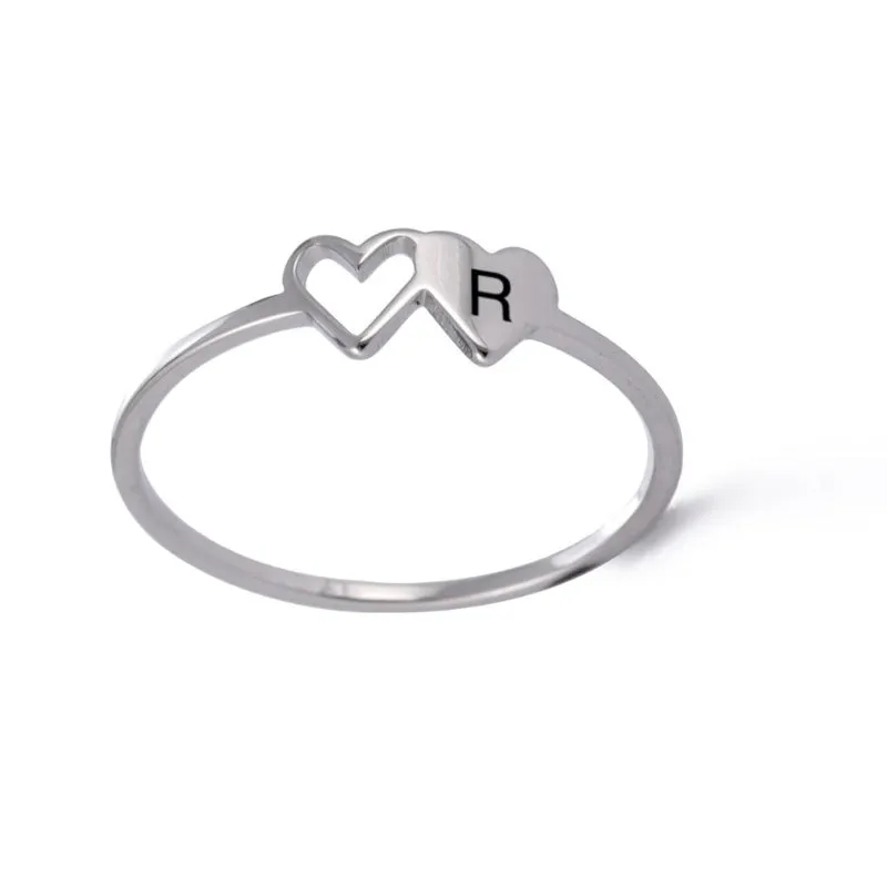 Romantic Double Hearts Personalized A-Z Initial Letter Rings