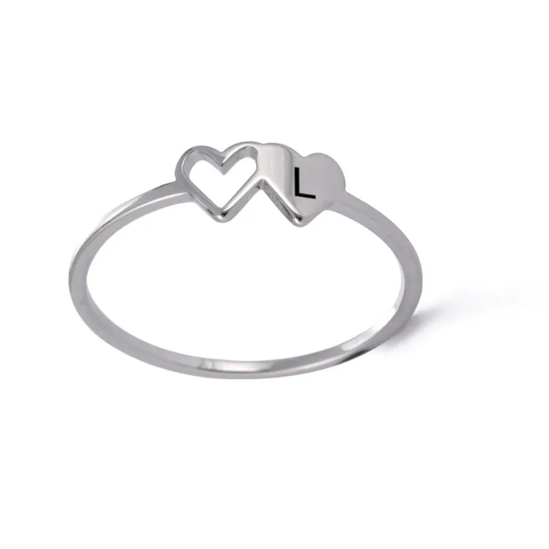 Romantic Double Hearts Personalized A-Z Initial Letter Rings