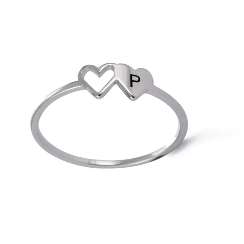 Romantic Double Hearts Personalized A-Z Initial Letter Rings