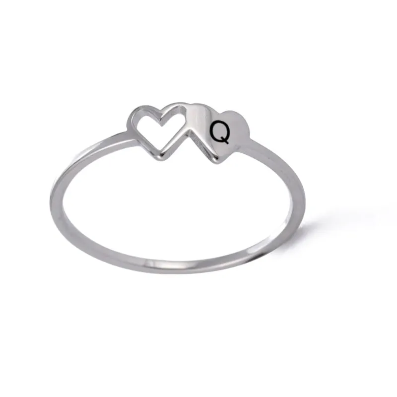 Romantic Double Hearts Personalized A-Z Initial Letter Rings