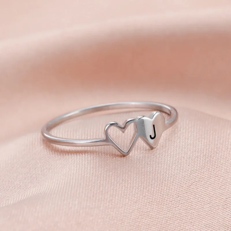 Romantic Double Hearts Personalized A-Z Initial Letter Rings