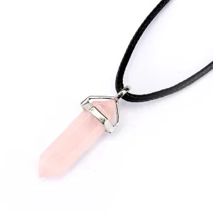 Rose Quartz Pendulum Pendant Healing Point Size 40x8mm Silver Leather Cord