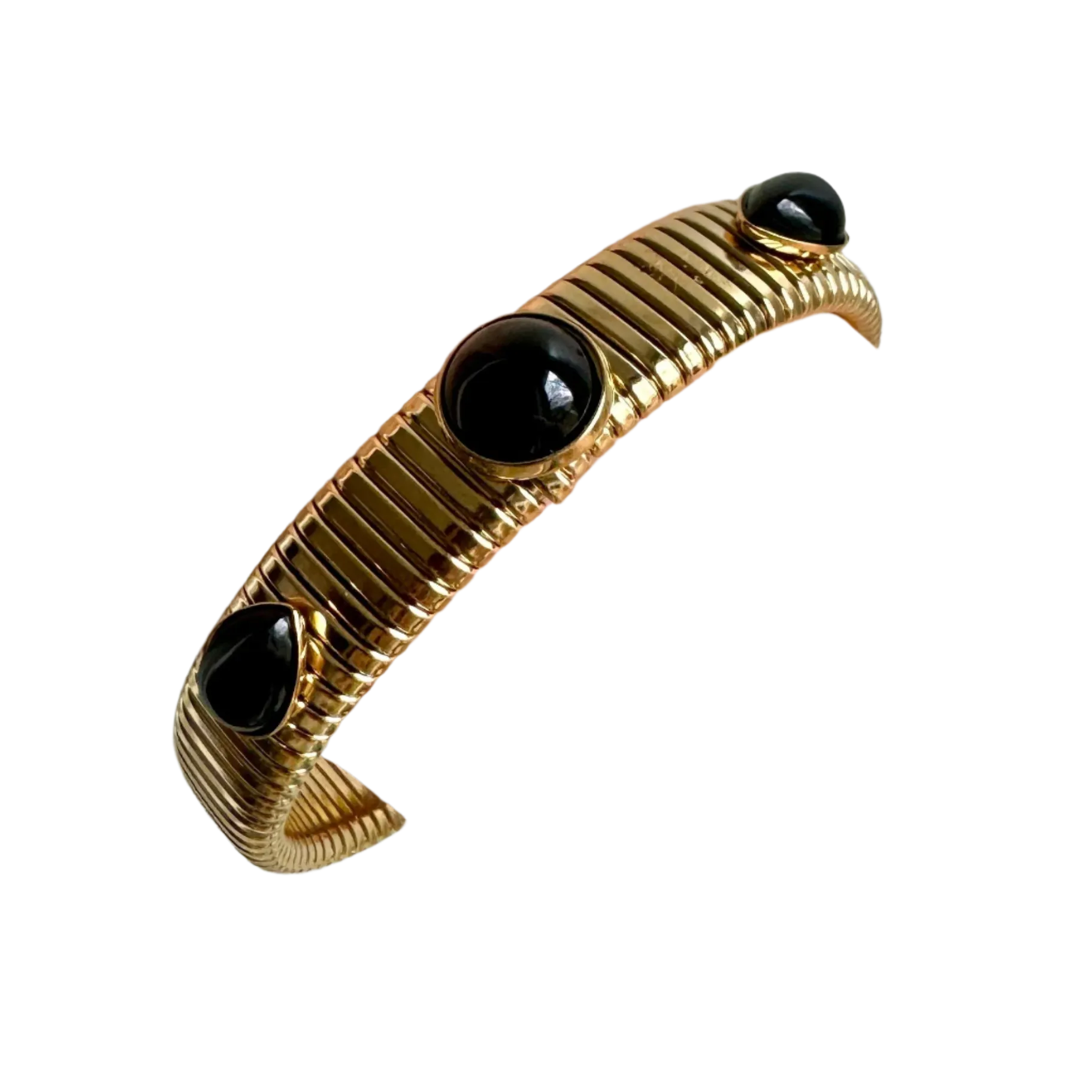 Round and Pear Shaped Black Onyx Gold Omega Bracelet