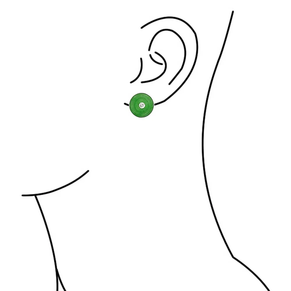 Round Disc Green Jade Clip-On Earrings with CZ Accent in Sterling Silver