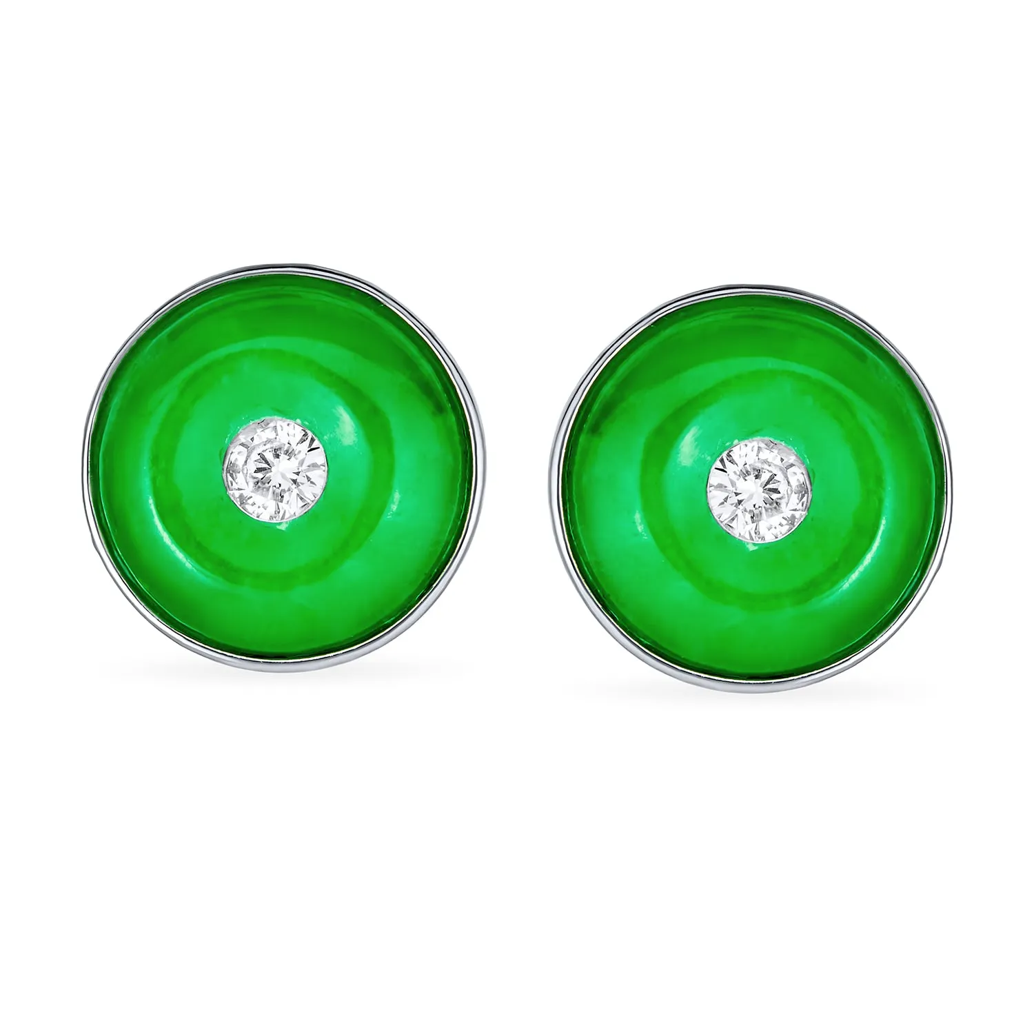 Round Disc Green Jade Clip-On Earrings with CZ Accent in Sterling Silver