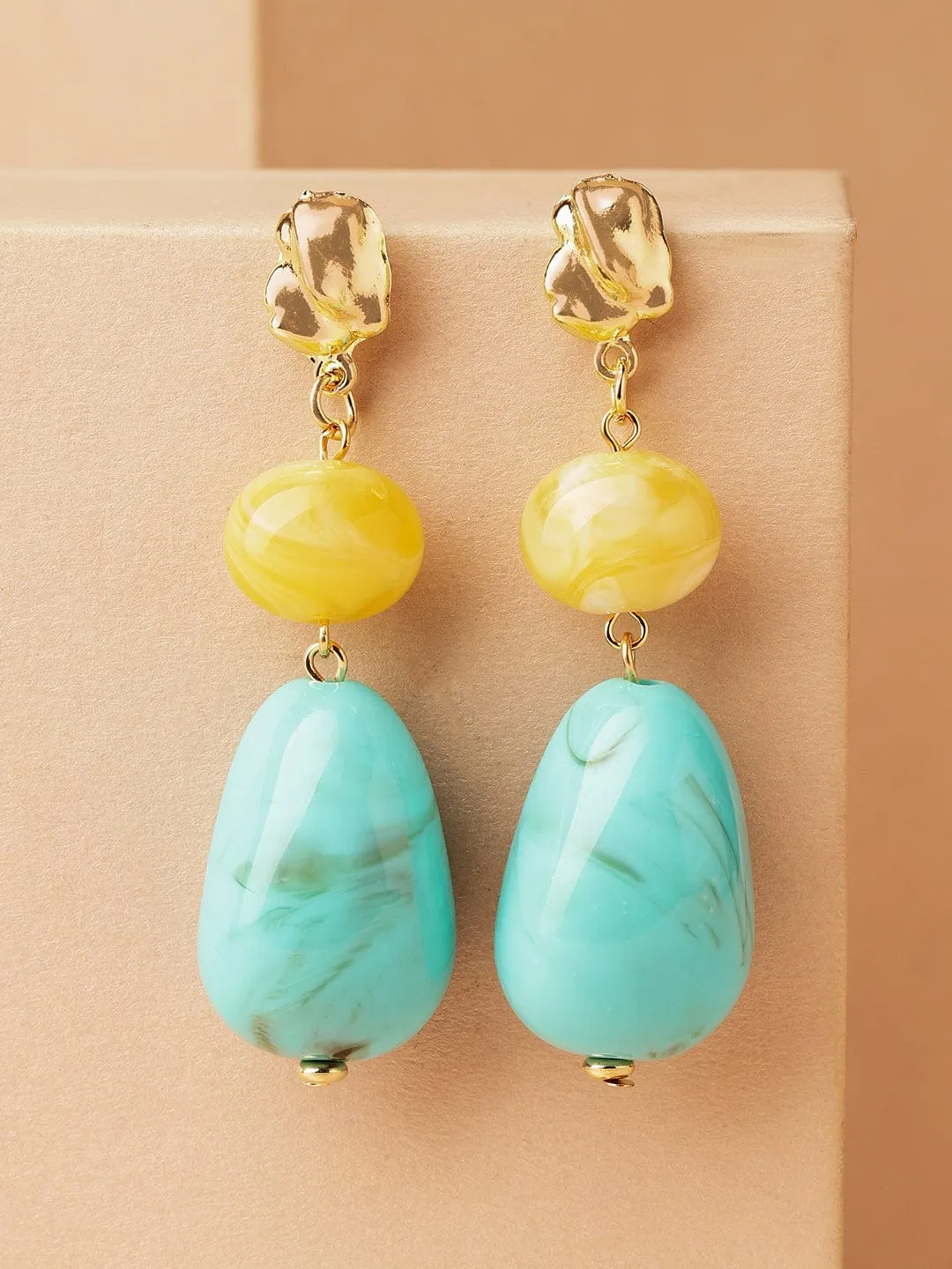 Rubans 18K Gold-Plated Yellow & Turquoise Beaded Stylish Drop Earrings