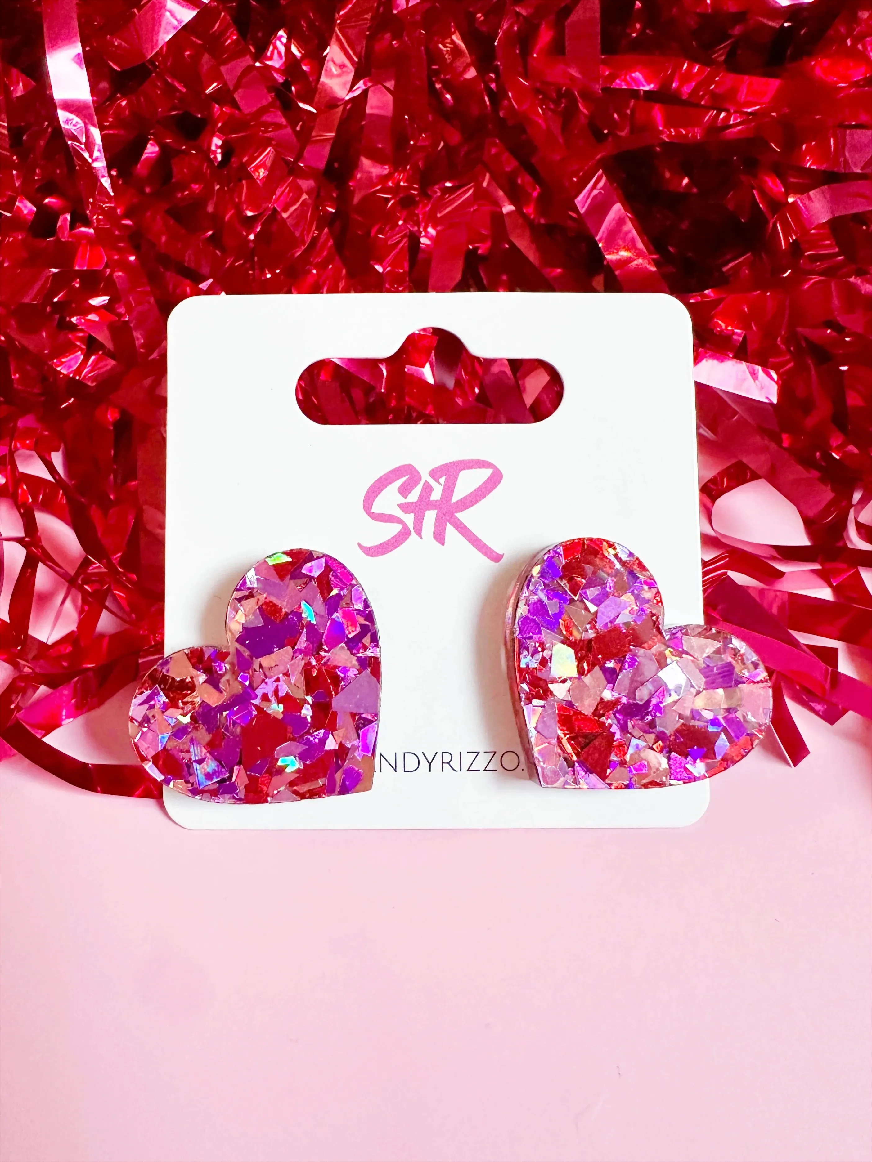 Sandy   Rizzo Pink Confetti Heart Stud Earrings