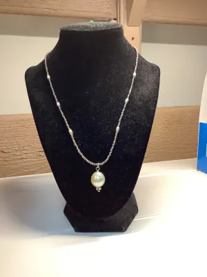 Silver Beaded Necklace with Pearl Charm